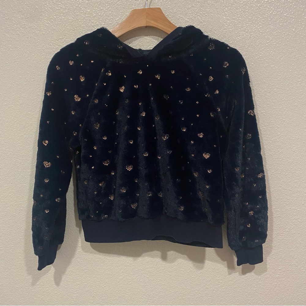 Kids Beautees Girls Blue Gold Fuzzy Heart Hooded Sweater Hoodie XL